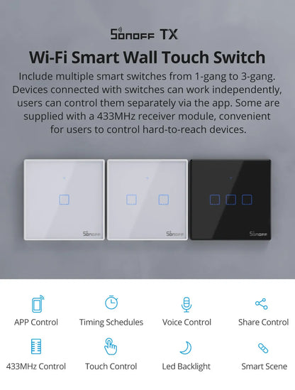 SONOFF TX US Wall Smart Switch 433Mhz RF Remote Control Wi-Fi Touch Switch via eWeLink APP Works With Alexa Google Home