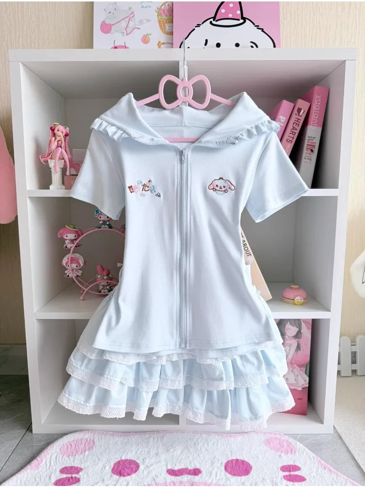 Japanese Kawaii Lolita 2-Pieces Set Women Sweet Rabbit Ear Zipper Hooded Tops + Cute Cake Mini Skirt Harajuku Y2k Outfits Summer
