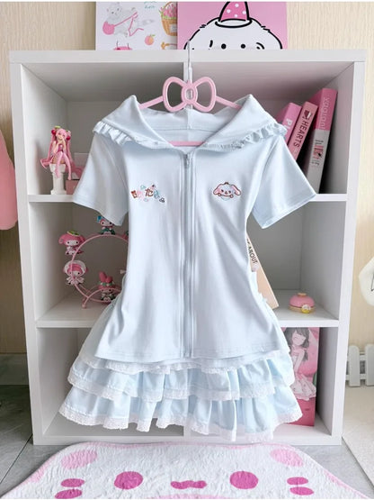 Japanese Kawaii Lolita 2-Pieces Set Women Sweet Rabbit Ear Zipper Hooded Tops + Cute Cake Mini Skirt Harajuku Y2k Outfits Summer
