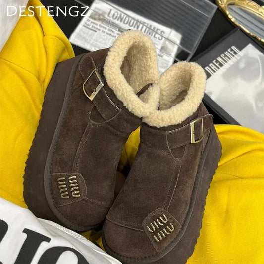 2024 New Fur Platform Women Ankle Boots Flats Suede Warm Shoes Woman Trend Designer Brand Short Plush Cozy Femme Snow Botas by PDG ibma