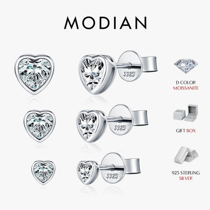 MODIAN 3 Sizes Heart Moissanite Ear Studs 925 Sterling Silver Dazzling Stackable Fashion Stud Earrings For Women Fine Jewelry