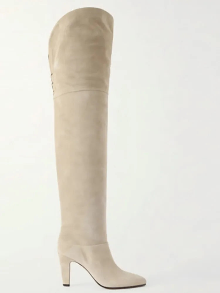 Autumn and Winter Women's Thick High-heeled Knee High Boots, Round Headed Cowhide Suede Fashionable Women's Plus Size Boots