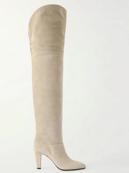 Autumn and Winter Women's Thick High-heeled Knee High Boots, Round Headed Cowhide Suede Fashionable Women's Plus Size Boots