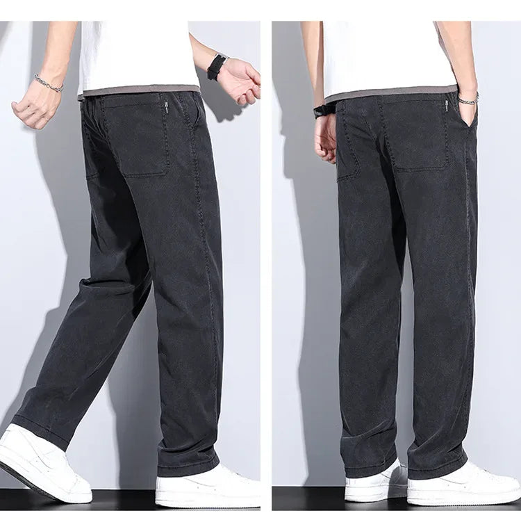 2024 Summer Jeans for Men Thin Soft Lyocell Fabric Loose Straight Wide Leg Pants Elastic Waist Casual Trousers Plus Size M-5XL