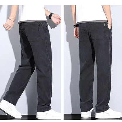 2024 Summer Jeans for Men Thin Soft Lyocell Fabric Loose Straight Wide Leg Pants Elastic Waist Casual Trousers Plus Size M-5XL
