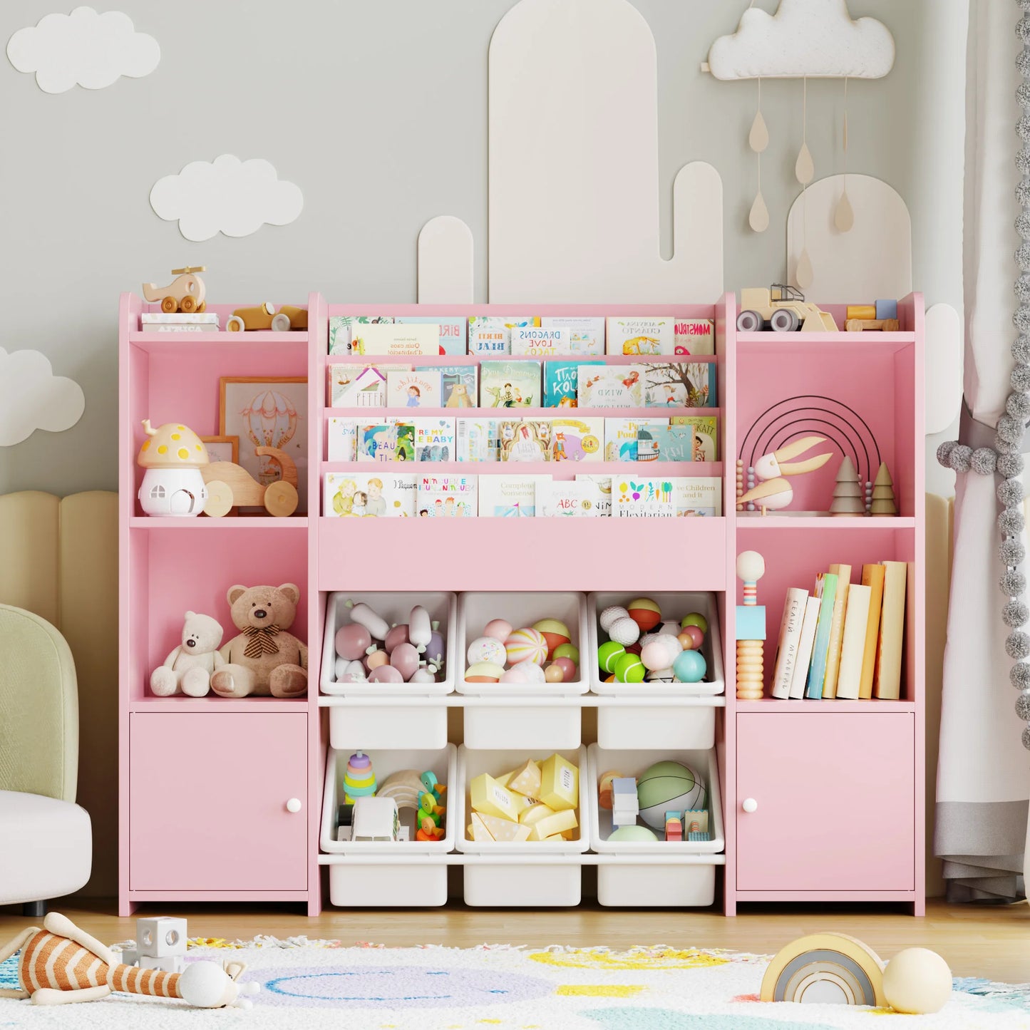 Getone Toy Storage Unit Kids Storage Unit Kids Toy Storage with 6 Removable Boxes, 4-tier Book Shelf Childrens Bookcase Kids Bookshelf Toy Organiser for Kids Room, Nursery Playroom 119x29.5x94 cm