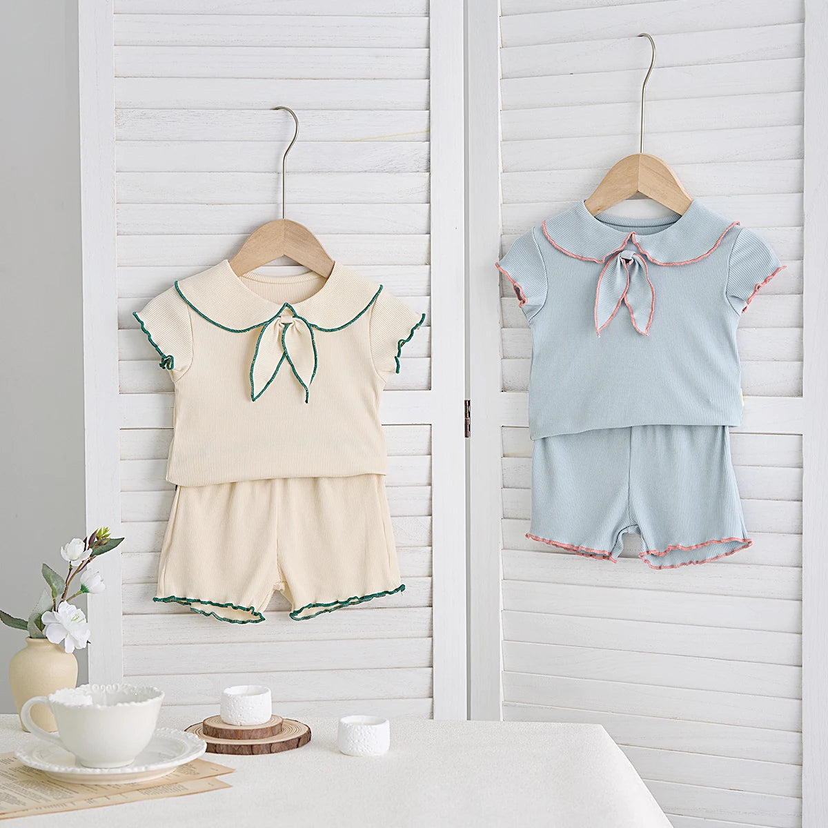Summer baby girls 2-piece doll neck bow short sleeve top + shorts casual suit