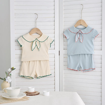 Summer baby girls 2-piece doll neck bow short sleeve top + shorts casual suit