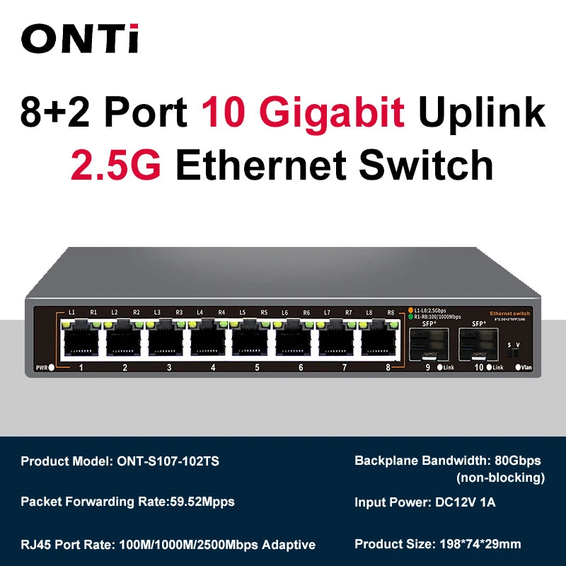 ONTi 2.5Gb Unmanaged Ethernet Switch 8 Port 2.5GBASE-T Network Switch with 10G SFP+ Port Plug and Play Fanless Homelab Switch