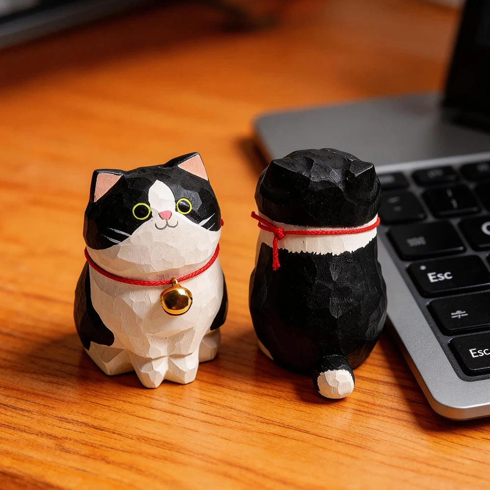 Cute Cat Animals Figurine Decorative Wooden  Ornament Kitten Statue Calico Golden gradient cat Home Office Desk Car Decor Gift