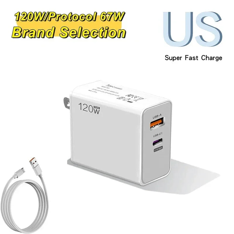 120W Type C USB Phone Charger Fast Charging Data Cable Mobile Phone Power Adapter For iPhone Xiaomi Huawei Samsung Wall Charger
