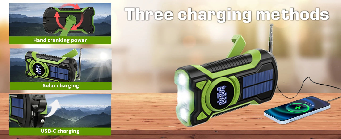 Emergency Crank Solar Radio 5000mAh Rechargeable Battery Portable AM/FM Radio with Bluetooth Auto Scan Waterproof LED Flashlight