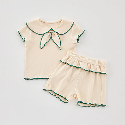 Summer baby girls 2-piece doll neck bow short sleeve top + shorts casual suit