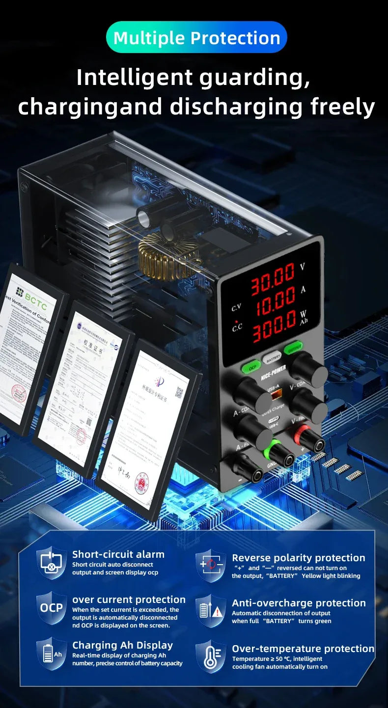 NICE POWER Adjustable DC Power Supply 12V/24V Lead-acid Battery Charging Auto-Stop When Full Reverse Polarity Protection Source