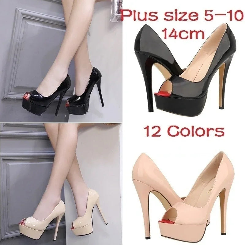 LOSLANDIFEN Sexy Peep Toe Platform Women Pumps 14cm Super High Patent Leather Heels Shoes Red Wedding Stilettos Large Size 43 44