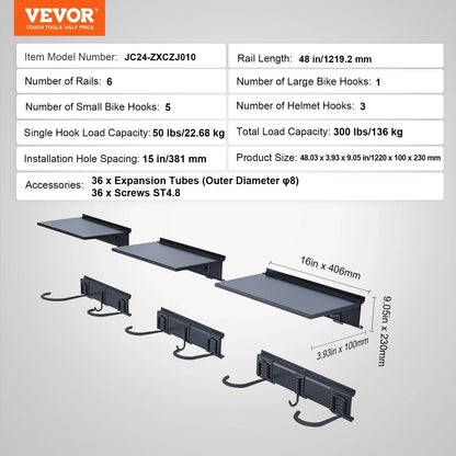 SucceBuy 3pcs Bike Storage Rack 300 lbs 48-inch Wall Mount Bicycles Storage Hanger with 3 Shelves for 6 Bikes Garage Organizer