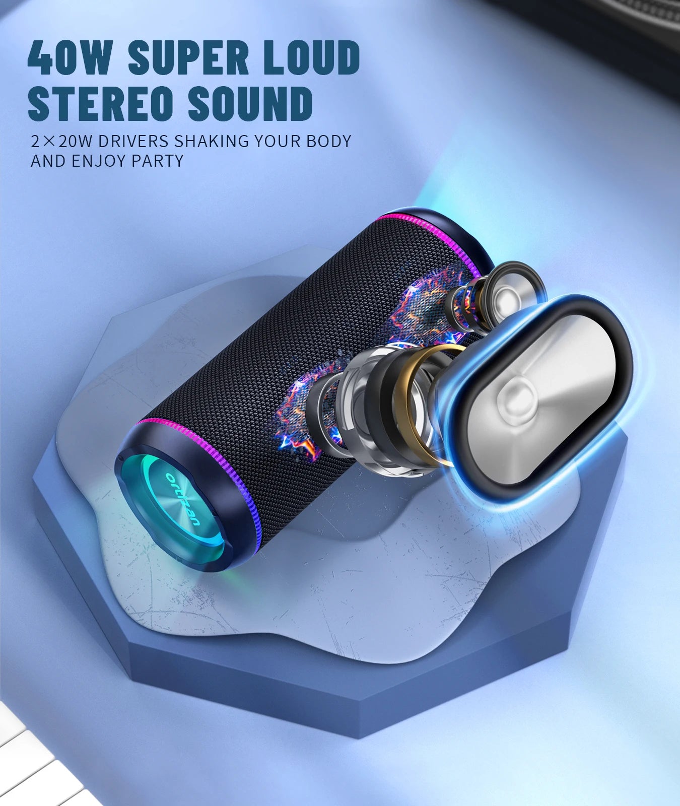 Ortizan Wireless Portable Bluetooth Speaker X30 with 40W Stereo Sound, Rich Bass, IPX7 Waterproof, 30H Playtime, TWS, LED Lights