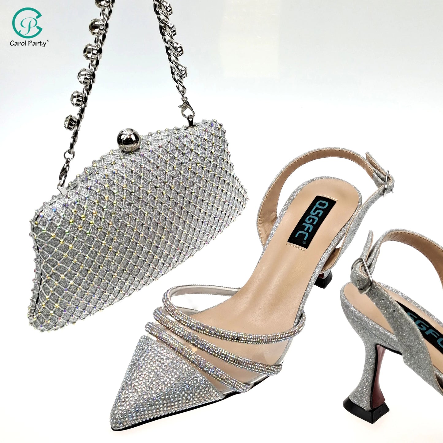 QSGFC African Women's Fashion Crystal Square Button Pointed High Heels Water Diamond Shiny Wine Color Sandal Bag Set