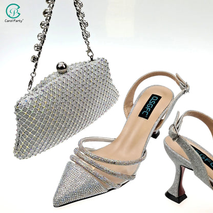 QSGFC African Women's Fashion Crystal Square Button Pointed High Heels Water Diamond Shiny Wine Color Sandal Bag Set
