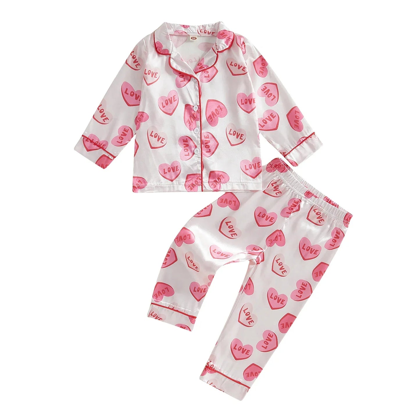 Kids Girls Valentine's Day Printed Pajamas Set Sweet Heart Print Long Sleeve Tops and Elastic Band Pants 2Piece Child Loungewear