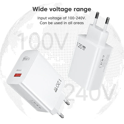 USB GaN 120W Charger Quick Charge 3.0 EU/US Plug Phone Charger Adapter Type C Wire For iPhone Samsung Xiaomi Huawei Fast Charger