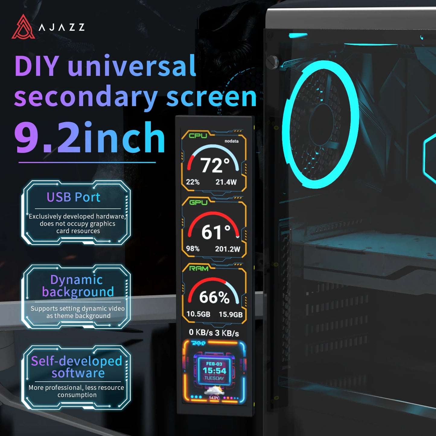 AJAZZ AKP02 9.2inch DIY IPS Secondary Screen 1920*464HD Wired USB Comprehensive Monitoring Multiple Custom Designs for Laptop PC