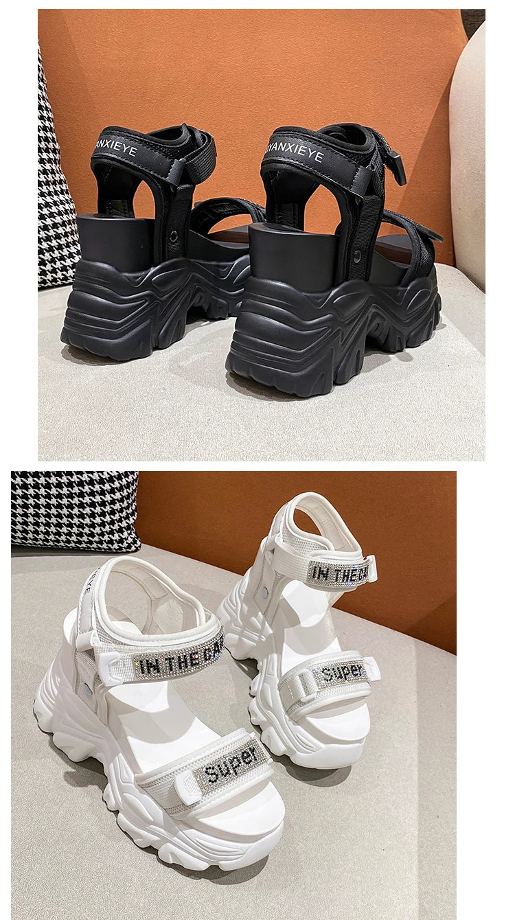 New Summer Black Women High Platform Sandals 11CM Wedge Heels Bling Slippers Peep Toe High Heels White Leather Chunky Flip-Flops
