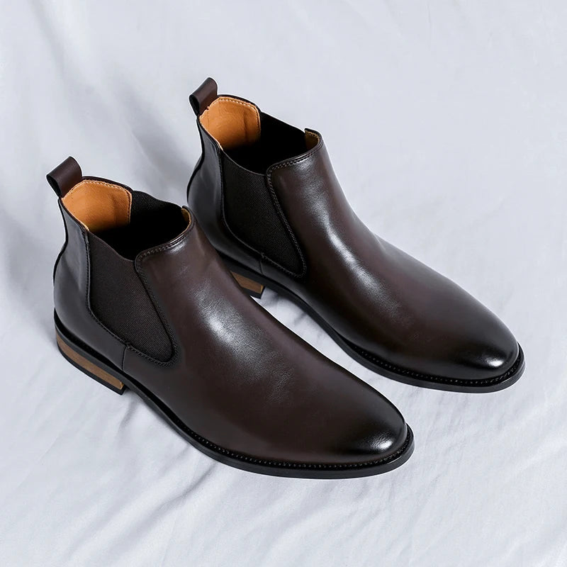 Genuine Leather Classic Men High Top Chelsea Ankle Boots High Quality Mens Casual Dress Business Shoes Comfy OutdoorBasic Boots