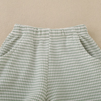 Summer neutral infant three small fish embroidered green short-sleeved T-shirt and green striped shorts two-piece set