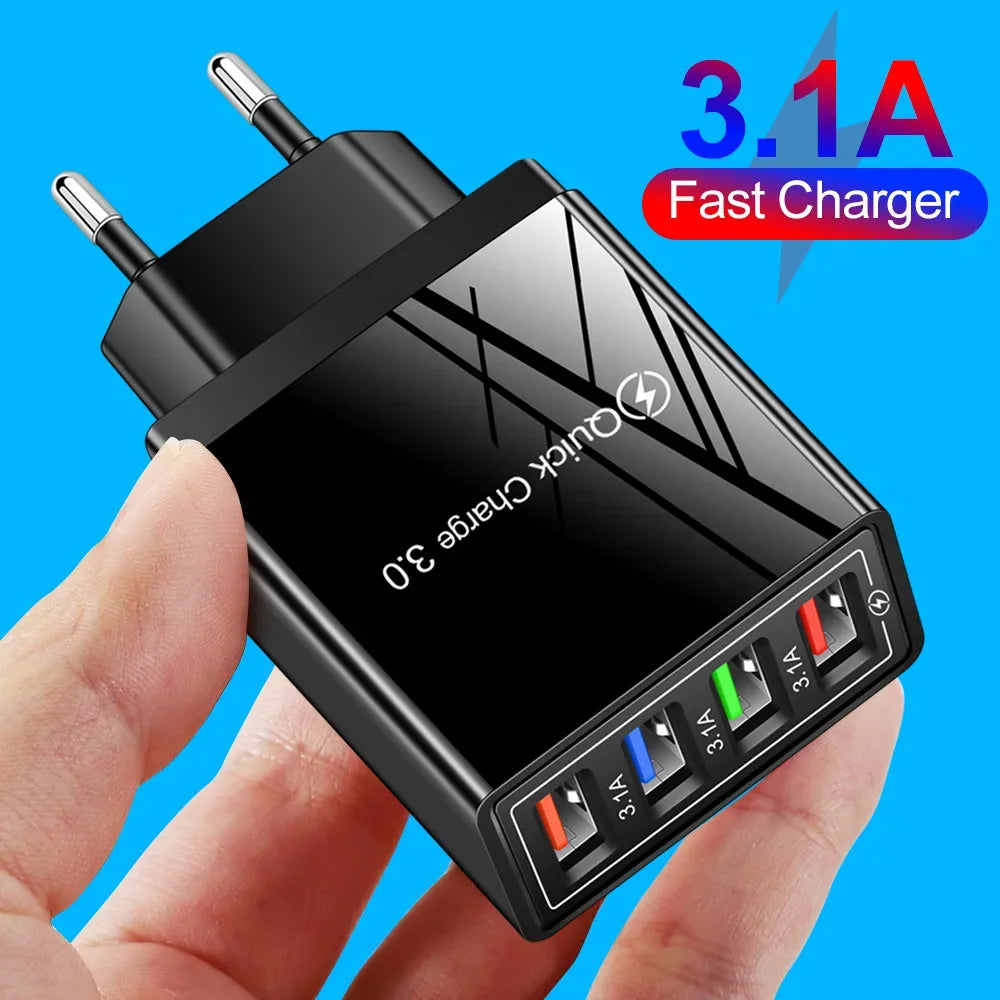 Fast 4 USB Charger Quick Charge 3.1A QC 3.0 For Xiaomi iPhone 14 13 Samsung Tablet Mobile EU Plug Fast Charging Charger Adapter