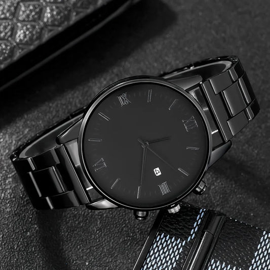 Ensemble 4 pièces pour homme : montre à quartz minimaliste noire avec bracelet, collier et bague -