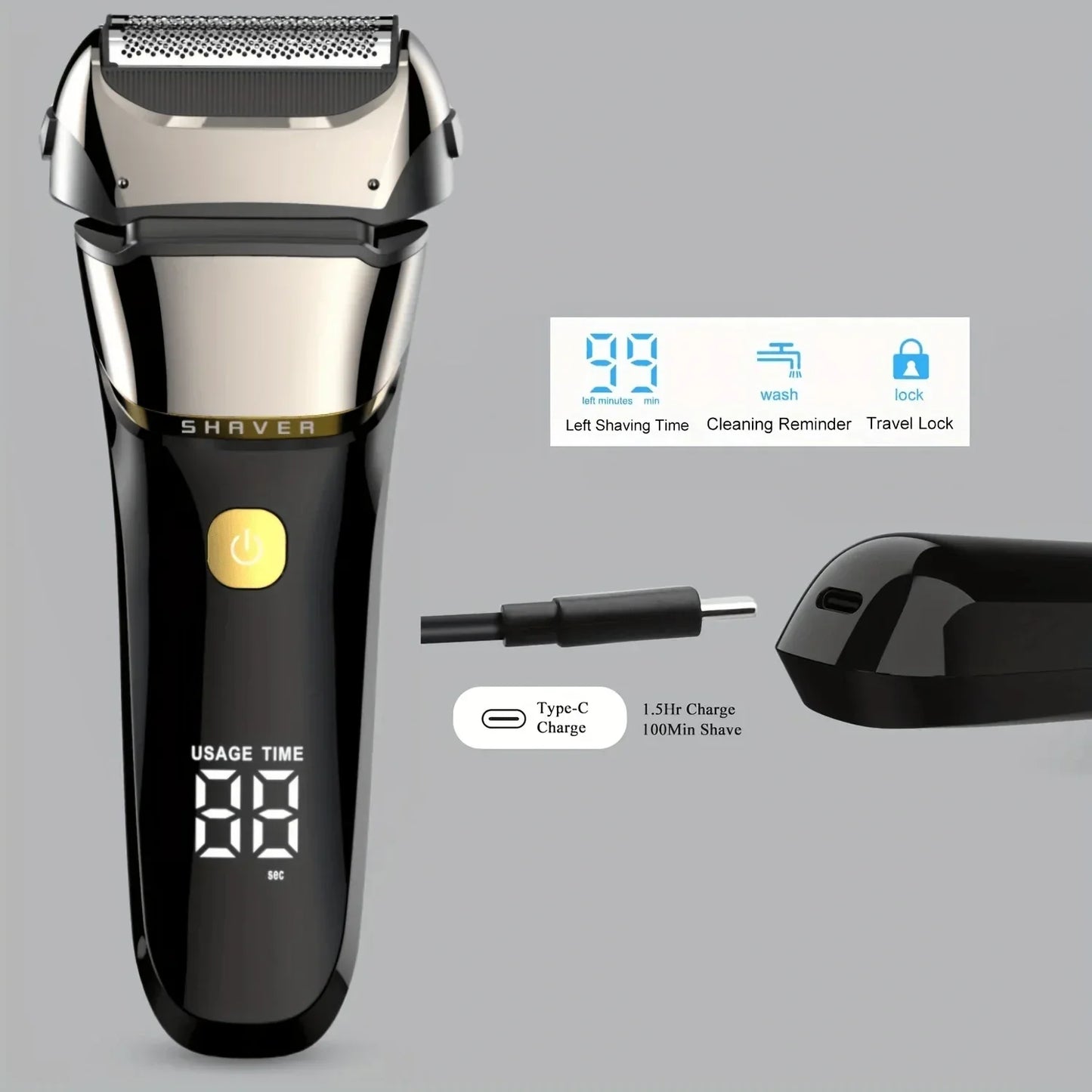 Electric Razor for Men, Wet & Dry Foil Shaver with 3-Blade & Edge Shaving Area, 7500 RPM High Speed Motor, Digital Power Display