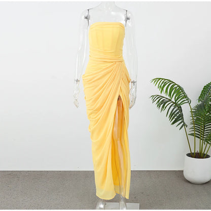 Butter Yellow Mesh Splicing Long Dress Elegant Strapless Split Backless Pleated Gowns For Women 2026 Lady Evening Party Gowns