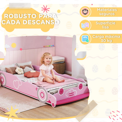 Aiyaplay Children's Bed 70X140 cm with Anti-Fall Barrier and Pink Car-Shaped Headboard Base