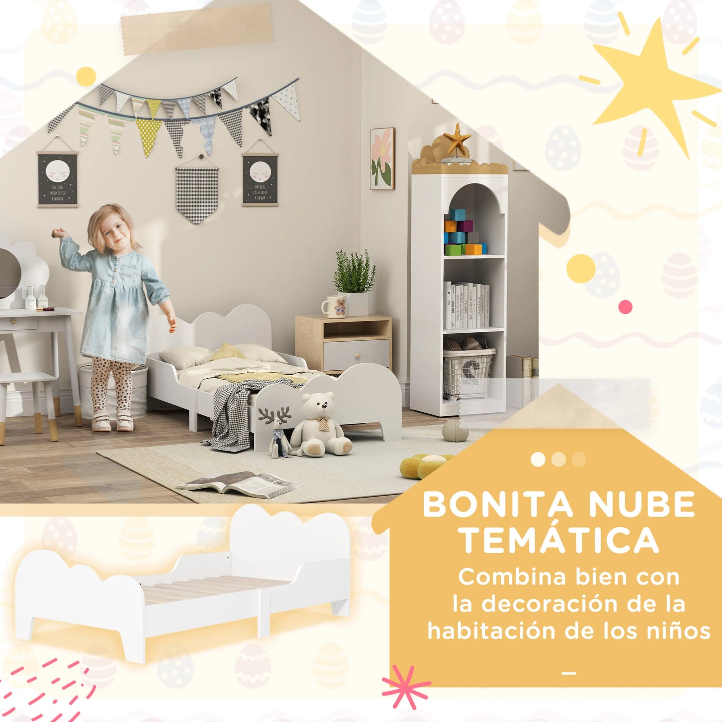 Aiyaplay Bed for Children +3 Years Old 140X70 cm Children's Bed Frame Cloud Theme with Guardrail for Bedroom White