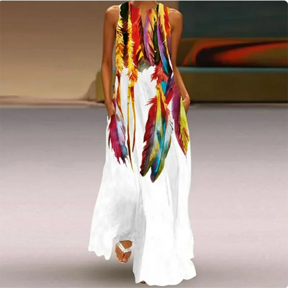 Sleeveless Feather Printed Dress Bohemian Vest Dresses Trendy Beach Casual Loose Robe Colorful Summer