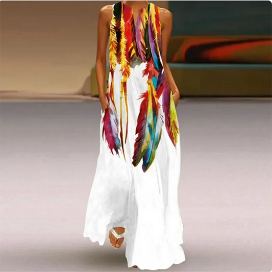 Sleeveless Feather Printed Dress Bohemian Vest Dresses Trendy Beach Casual Loose Robe Colorful Summer
