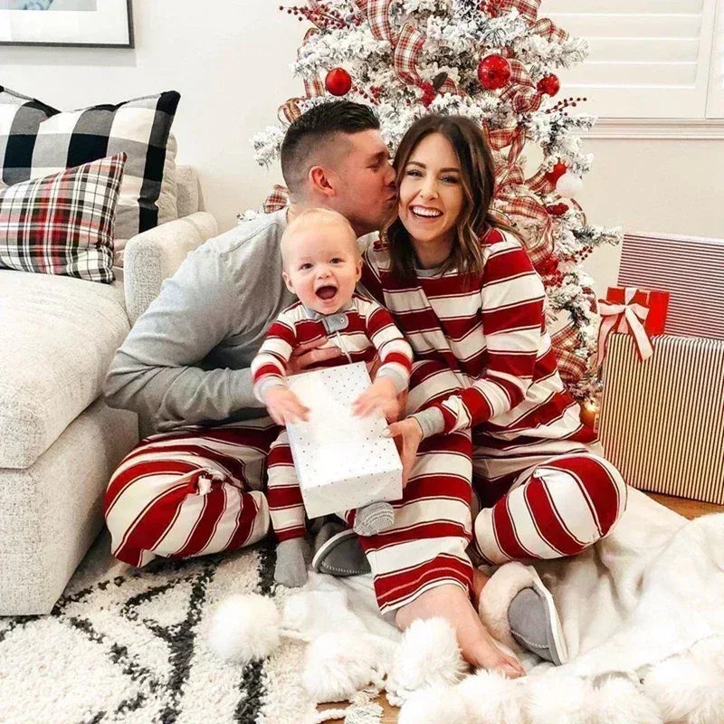 Merry Christmas 2025 Mother Father Kids Matching Pajamas Set Striped Casual Loose Pyjamas Xmas Family Look Holiday Wear Pjs Gift