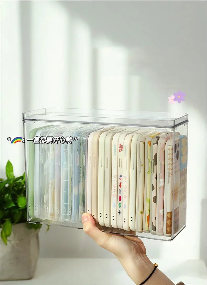 Ins Transparent Phone Case Organizer Storage Box with Cover Home Desktop Acrylic Sundries Storage Basket Phone Case Holder