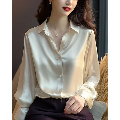 Spring Autumn Women's Solid Polo-Neck Blouses Button Up Elegant Loose Long Sleeve Clothes Office Ladies French Black Shirt Tops