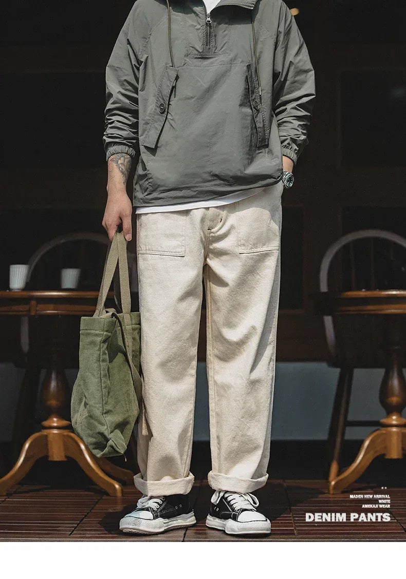 Maden Retro Cotton Seed Shell White Denim Jeans 11.2OZ Loose Straight Long Pants Cargo Pants Sweatpants Men Causal Trousers