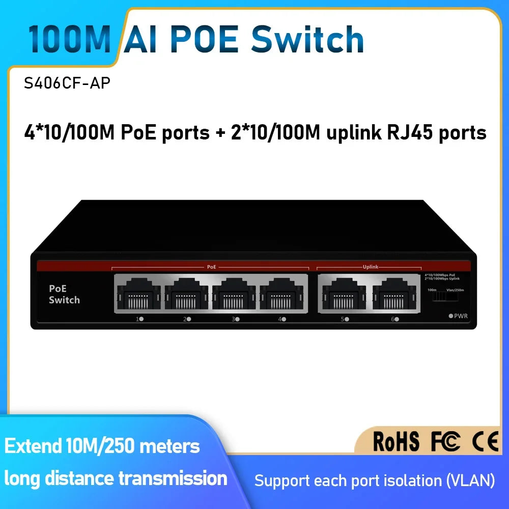 2026 POE Switch 6 Ports 10/100Mbps AI Smart Ethernet Switch with 2 Uplink RJ45 Ports AI Smart Switch for IP Camera/Wireless AP