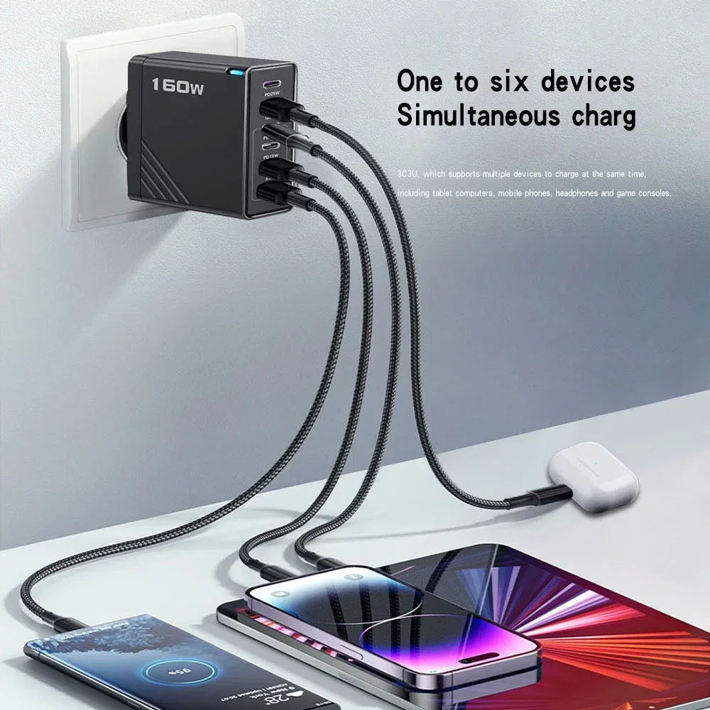 160W Fast Charge Phone Charger Adapter Multi Port USB Type C Charger For iPhone Samsung Xiaomi Huawei EU/US/UK Plug Wall Charger