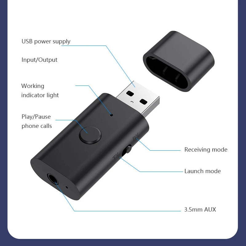 4 in 1 Wireless Bluetooth AUX Adapter Bluetooth 5.3 Car Audio Receiver Transmitter USB to 3.5mm Jack Music Mic Handsfree Adapter