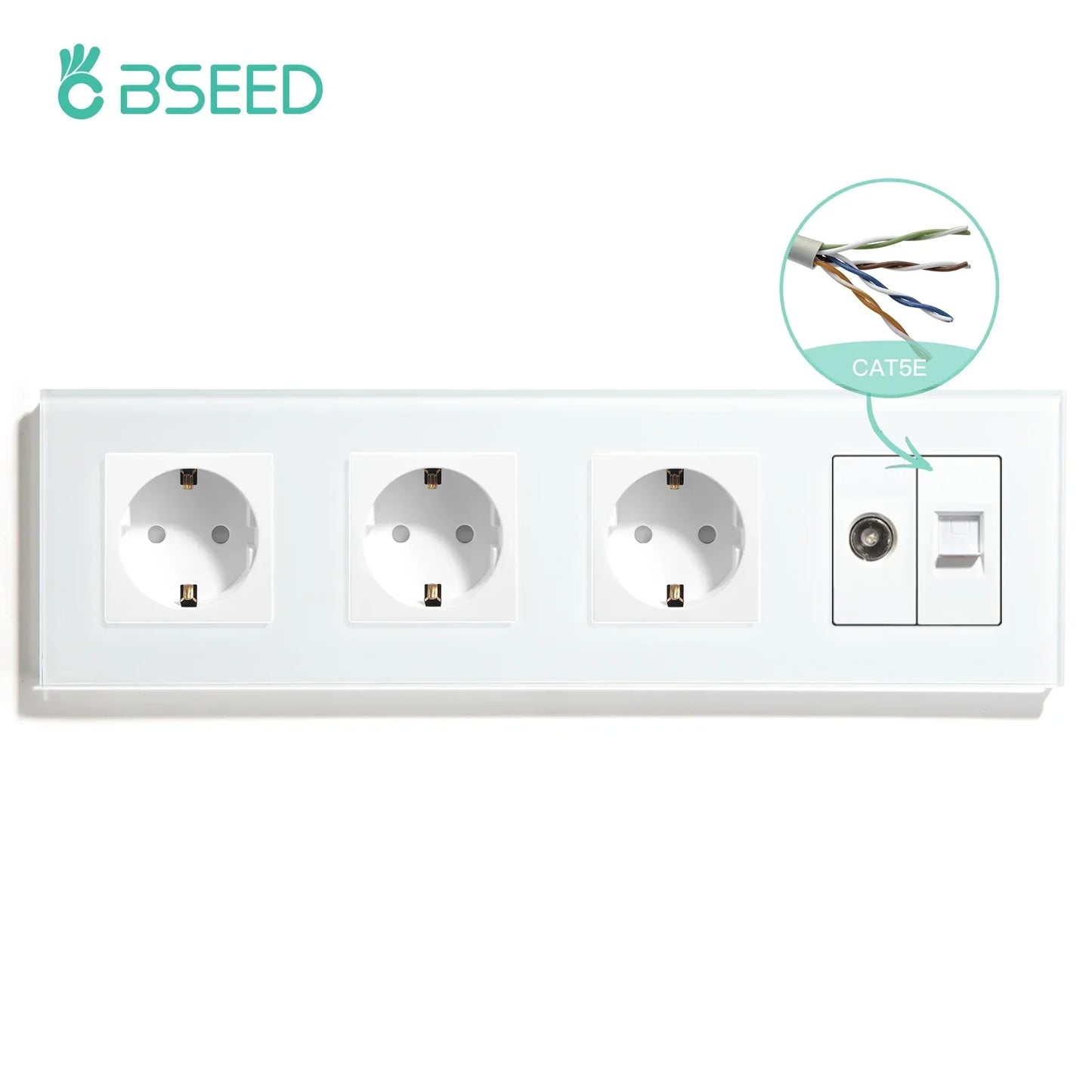 BSEED Single TV CAT5 Internet Socket Double EU Power Socket Triple Germany  With RJ45 Television Wall Sockets Glass Frame