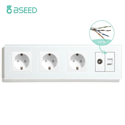 BSEED Single TV CAT5 Internet Socket Double EU Power Socket Triple Germany  With RJ45 Television Wall Sockets Glass Frame