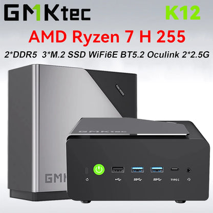 GMKtec MINI PC K12 AMD Ryzen 7 H 255 DDR5 M.2 PCIE SSD WIFI6 BT5.2 2*2.5G Lan Windows 11 Pro Desk Office Mini PC Gaming Computer