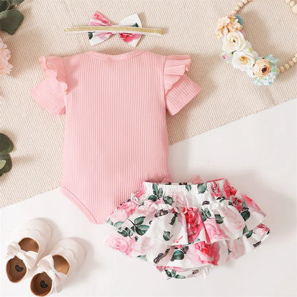 0-18Months Toddler Baby Girl 3Pcs Costumes Set Newborn Baby Girl Ruffle Short Sleeved Romper + Short Pants Skirt Infant Girl Set