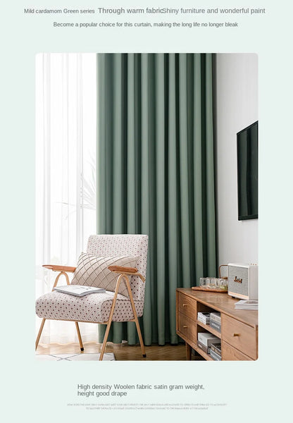 Light Luxury High Grade Bedroom High Blackout Curtain Ins Style Living Room Curtains Green Natural Solid Color Thickened Drapes