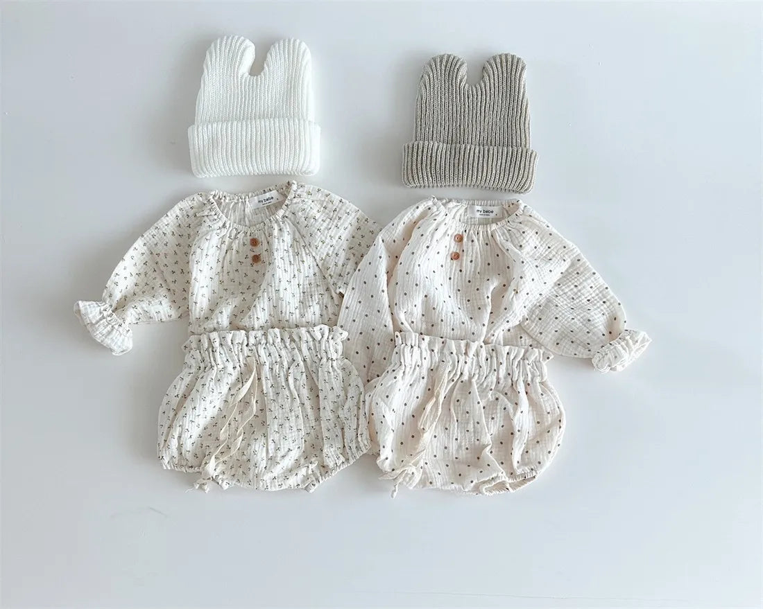 2024 Spring Newborn Floral Print Cotton Long Sleeve Tops+Shorts 2pcs Boy Girl Baby Loose Dots T-shirt Set Thin Infant Tees Suit